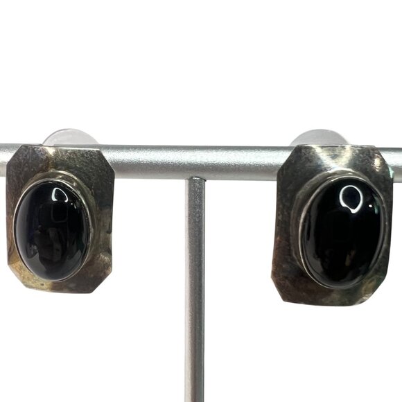 Vtg 925 Silver Onyx Post Earrings Artisan Handcrafted Marked AW MCM Southwestern - Picture 1 of 10